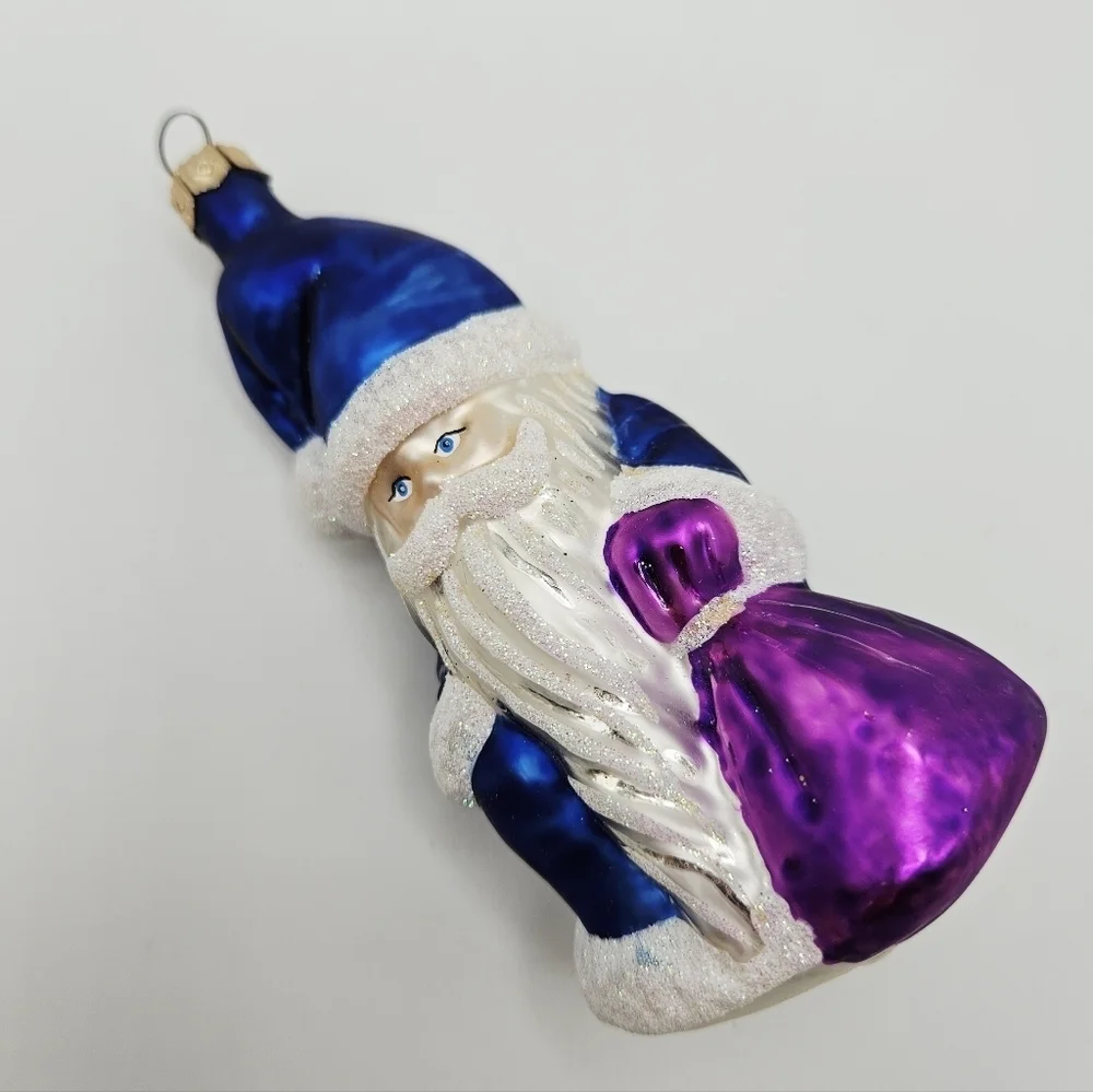 Glass Blue and White Santa Claus Glitter Details Christmas Ornament